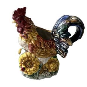 Vintage Rooster Hand Painted Mid Century Majolica Ceramic Creamer Pitcher Kettle